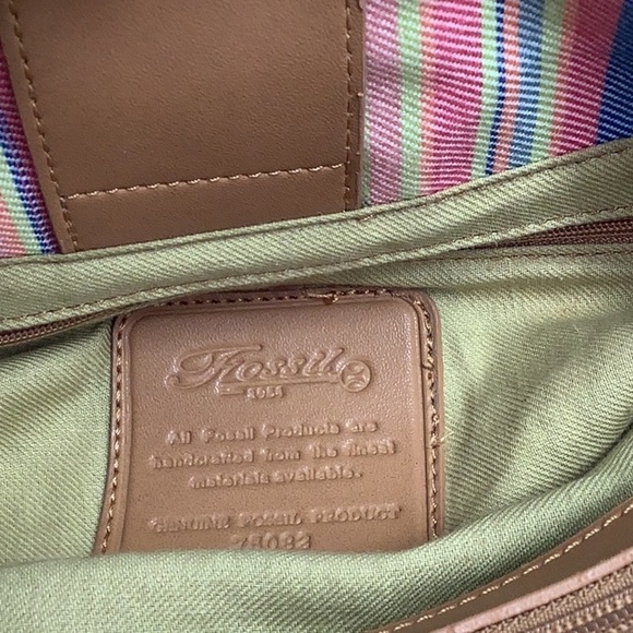 Fossil striped clothe handbag with wood handles Preowned - Picture 8 of 9